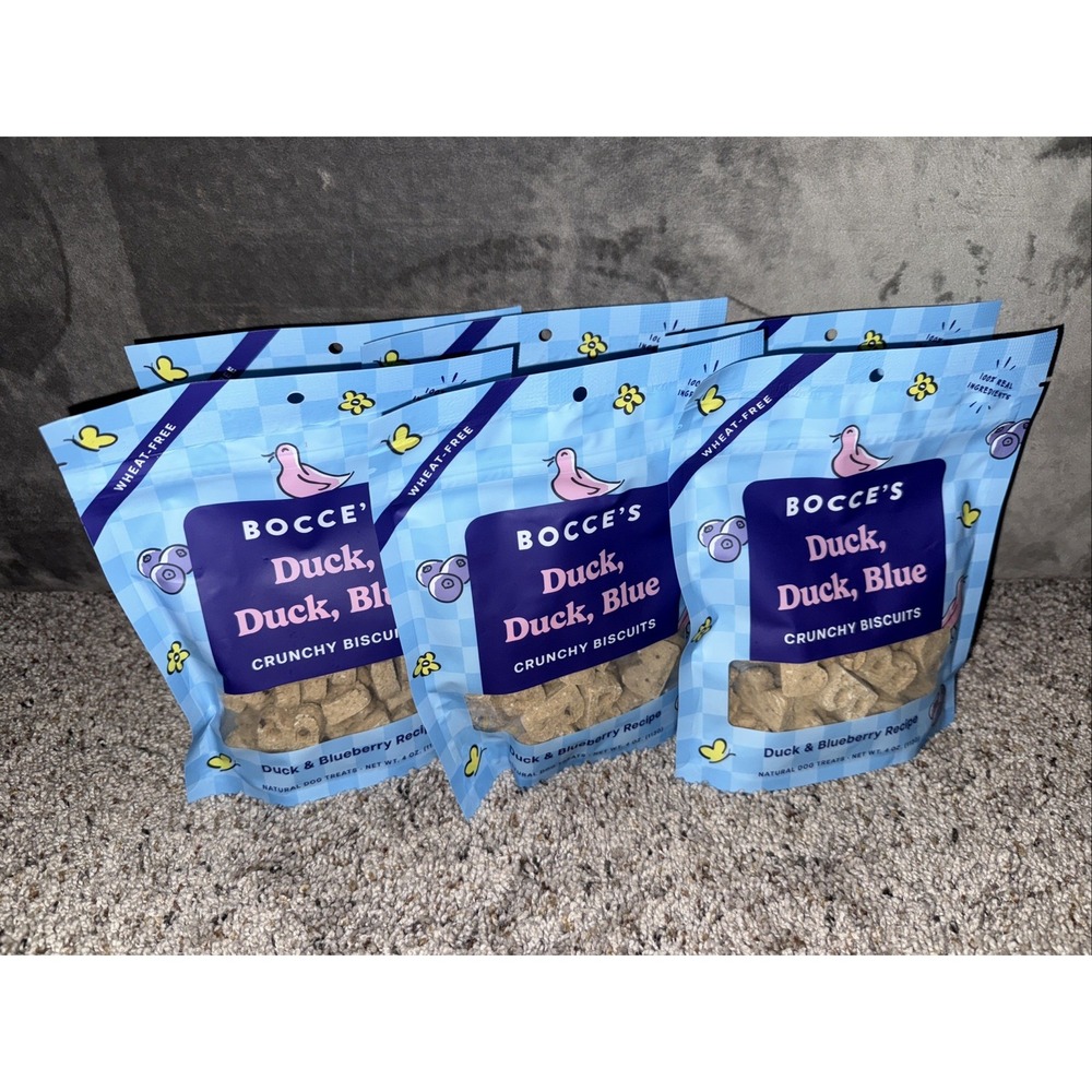 6 packs~Bocce's Bakery‎ Crunchy Biscuits Duck Duck Blue Wheat Free Blueberry
